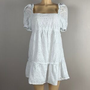 Summer Eyelet Dress Womens Large Puff Sleeve Square Neck White Cottagecore